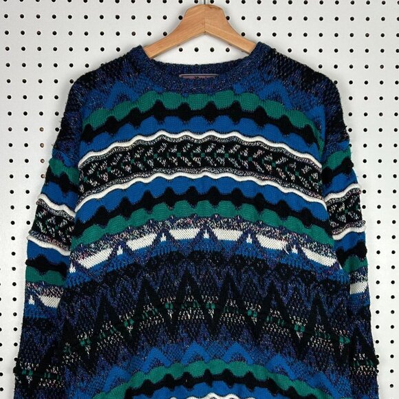 Concrete 3D Coogi STYLE Knit Sweater Large Blue Multicolor Grandpa 90s Hip Hop - Picture 1 of 6